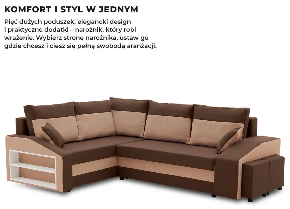 Grande sarokkanapé polcokkal és puffokkal , polc a bal karfaban puffok a jobb karfaban, baloldali, szövet anyag, bonell töltet, barna