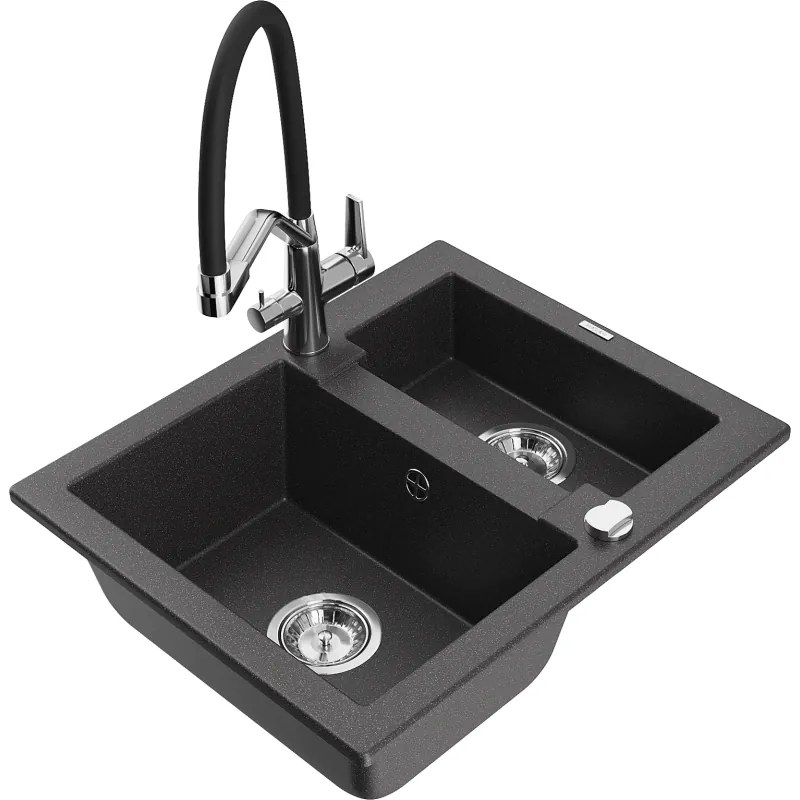 Mexen Carlos 1,5 medencés gránitmosogató konyhai csapteleppel Duo, fekete pöttyös - 6518-76-671701-07