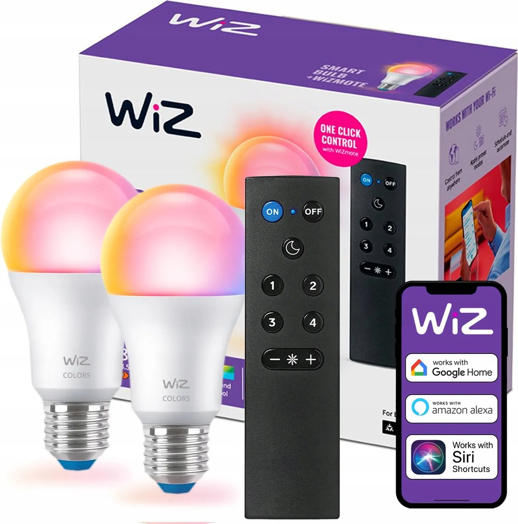 2x Led izzó E27 A60 8,5W 60W 2200-6500K Rgb Smart WiFi WiZ Távirányító