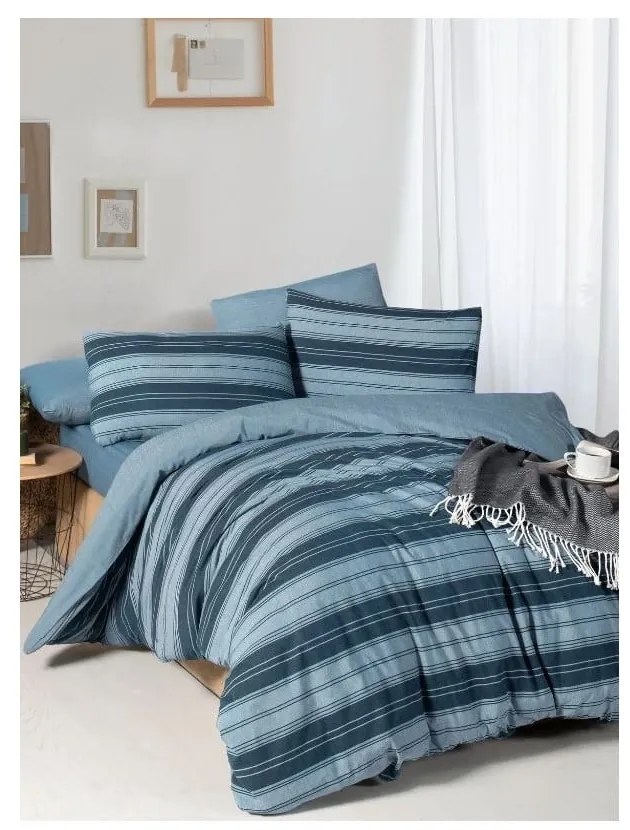 Kék kétszemélyes hosszabbított ágyneműhuzat lepedővel, négyrészes 200x220 cm Stripes – Mila Home