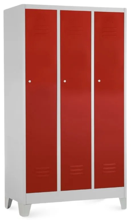 Fém szekrény - 3 rekeszes, 90 x 50 x 160 cm, fix lábakkal, hengerzár, piros - ral 3000