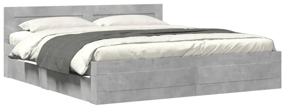 betonszürke szerelt fa ágykeret fejtámlával 200 x 200 cm