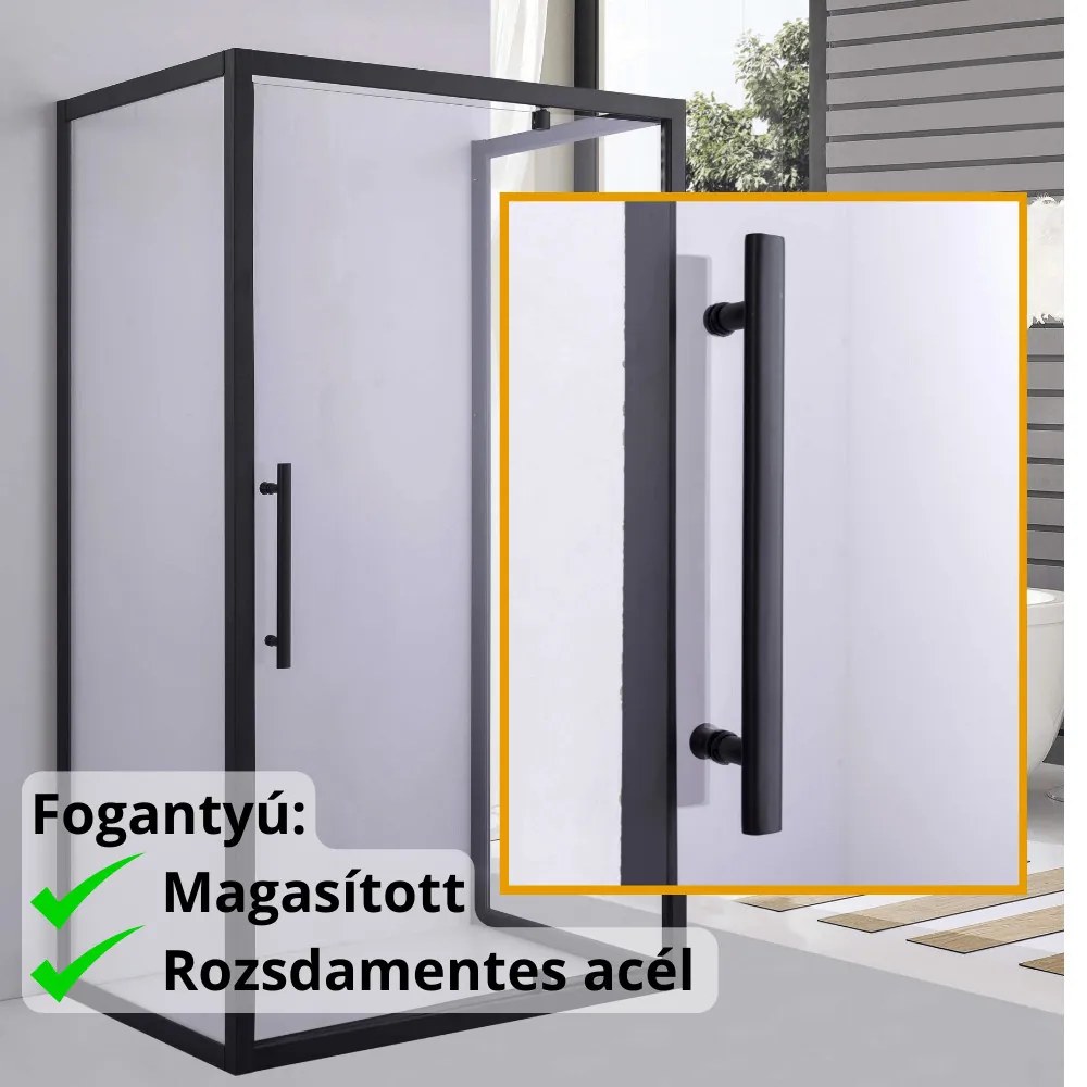 Stuxi Torino Black 90x90 falsíkra szerelhető 3 oldalú nyílóajtós zuhanykabin 6 mm vízlepergető biztonsági üveggel, fekete elemekkel, 200 cm magas
