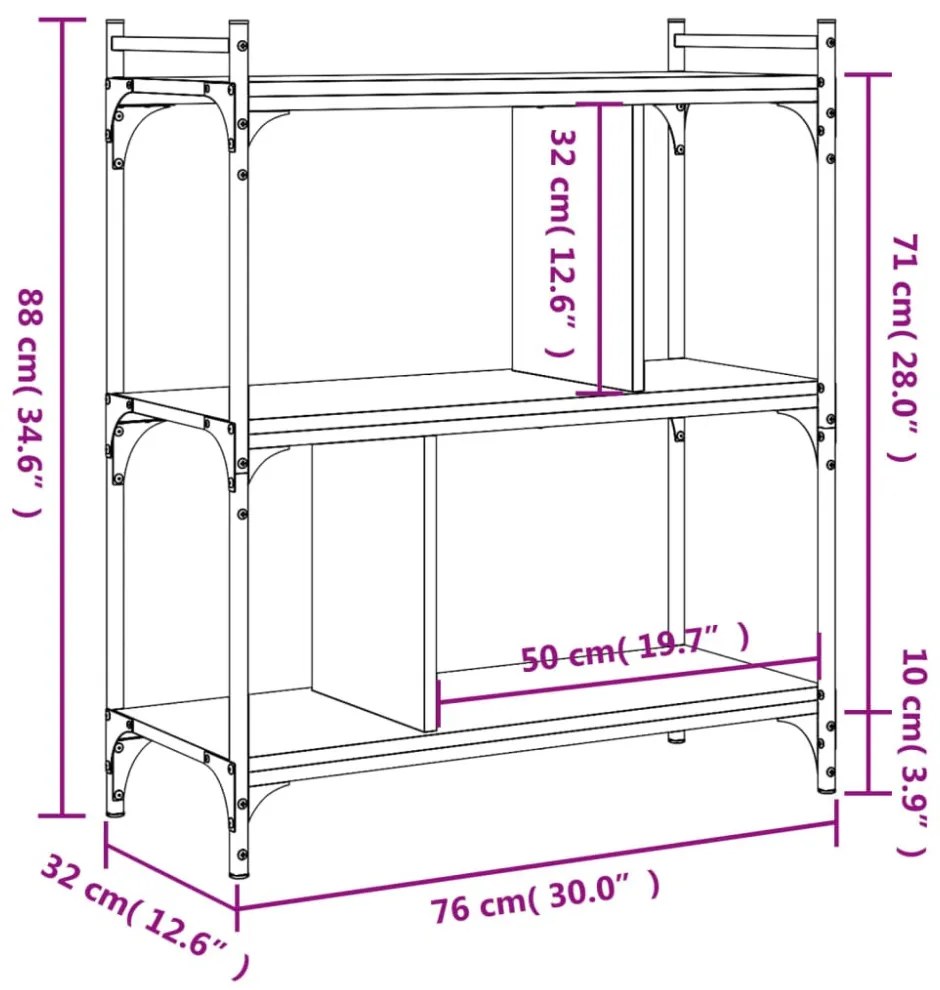3 szintes fekete szerelt fa könyvespolc 76 x 32 x 88 cm