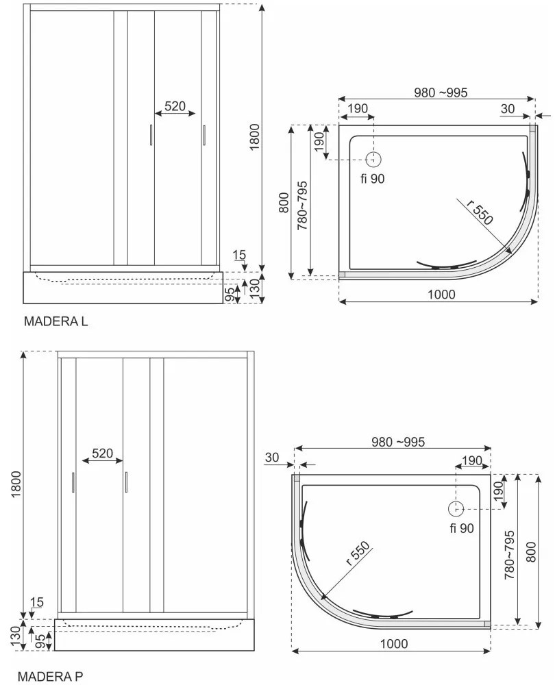 Madera 100x80 íves zuhanykabin zuhanytálcával jobbos