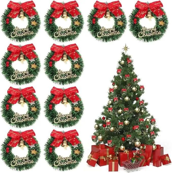 Karácsonyi koszorú mini karácsonyfadísz masnikkal 10 db-os szett