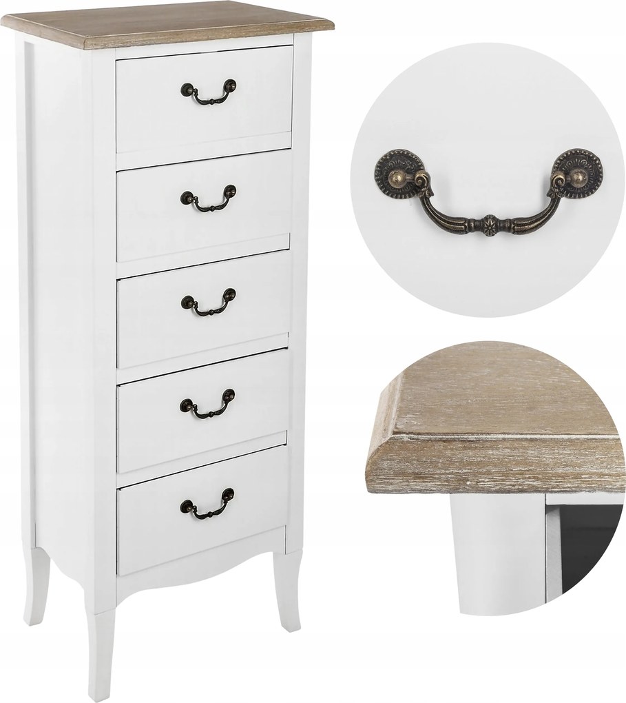 Klasszikus fehér komód 5 fiókkal a hálószoba nappalijába Tárolás