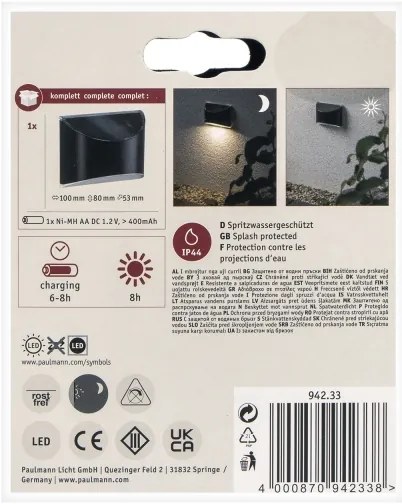 Paulmann 94233 - LED/0,05W IP44 Napelemes fali lámpa ELLIOT 1,2V