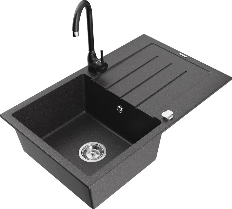 Mexen Bruno gránit mosogató 1-medencés csepegtetővel és Telma konyhai csaptelep, fekete pöttyös - 6513-76-670200-70