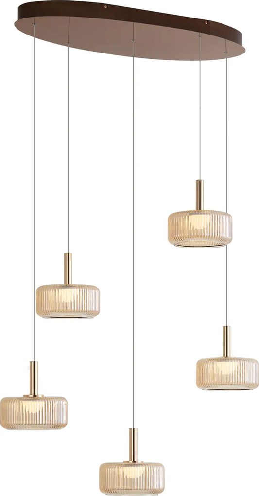 Design függőlámpa rozéarany borostyánszínű üveggel, LED-del, 3 fokozatban szabályozható, 5 égős Easylift - Fiera