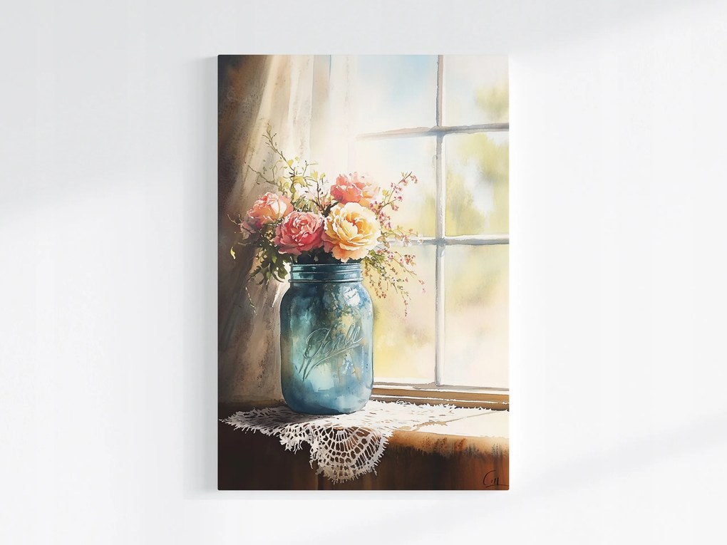 Poszter Akvarell Virágok Rózsák Befőttesüveg Ablak Shabby Chic 80x120