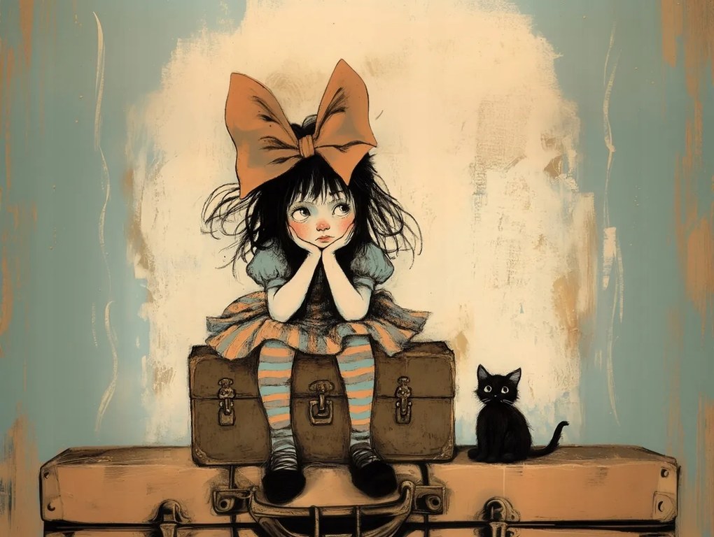 Canvas Vászonkép Lány Fekete Macska Bőrönd Retro Foch 80x60