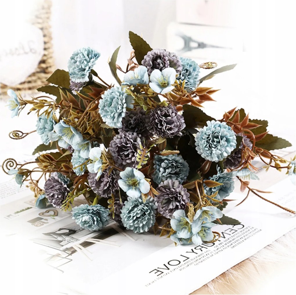 Kék Szégfű Szövet Levelekkel Művirág Virágcsokor Dísz Vázába 30cm