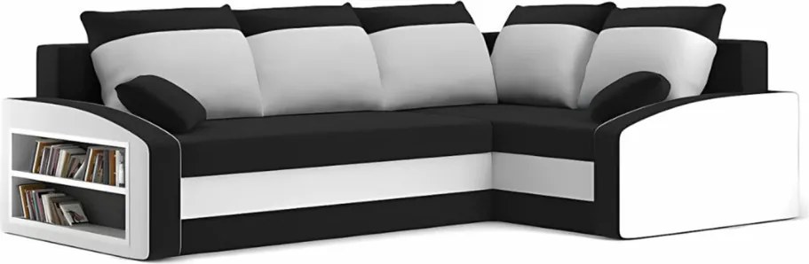 Grande sarokkanapé polcokkal , polc a bal karfaban, jobboldali, szövet anyag, hab töltet, fekete - fehér