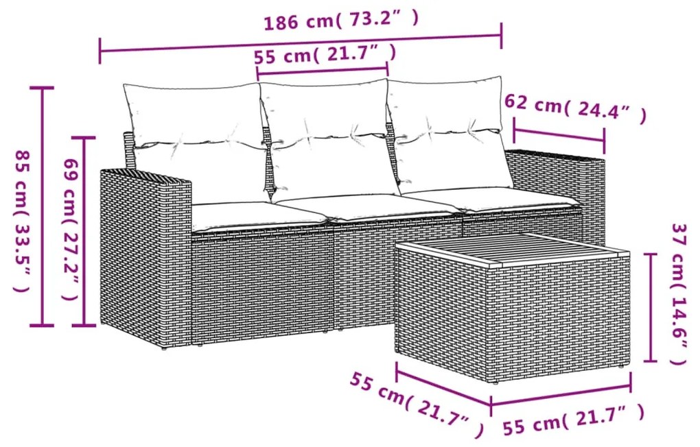 4 részes fekete polyrattan kerti ülőgarnitúra párnákkal