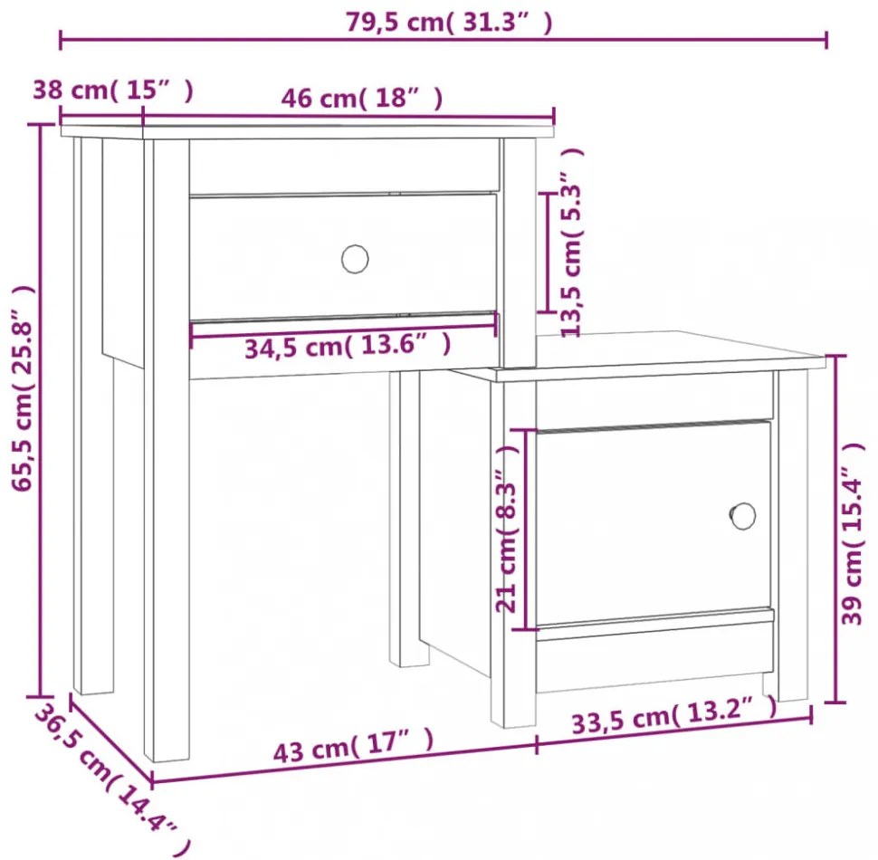 2 db mézbarna tömör fenyőfa éjjeliszekrény 79,5 x 38 x 65,5 cm
