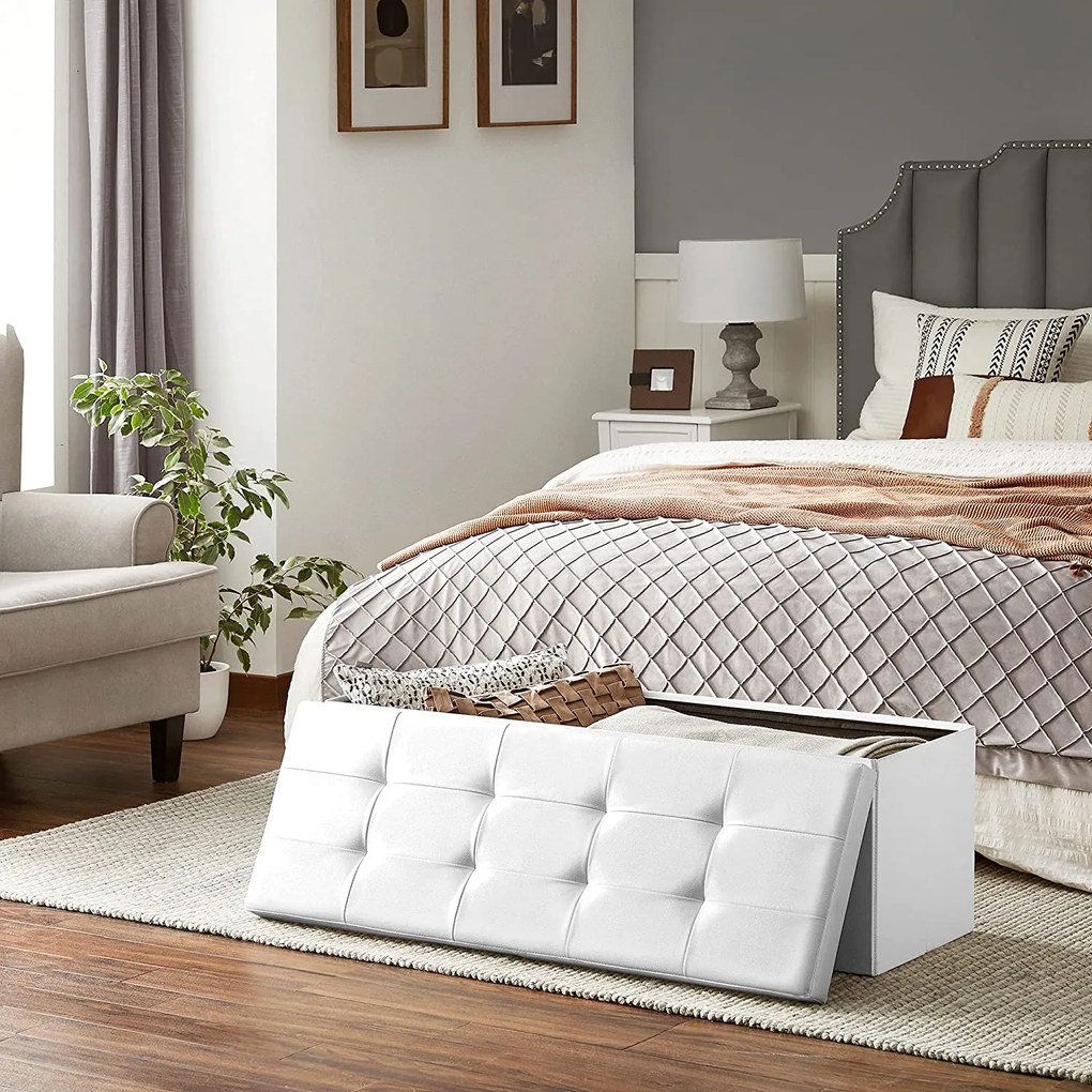 Puff, összecsukható puff tároló pad ottomán 120l, fehér, 110 x 38 x 38 cm