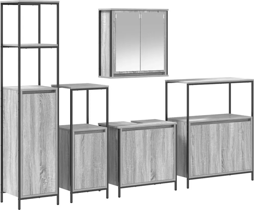 vidaXL Fürdőszoba bútor szett 5 pcs Szürke Sonoma és Fekete Faanyag