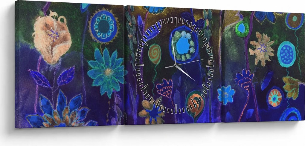 Sötétkék virágok képe (órával) (90x30 cm)