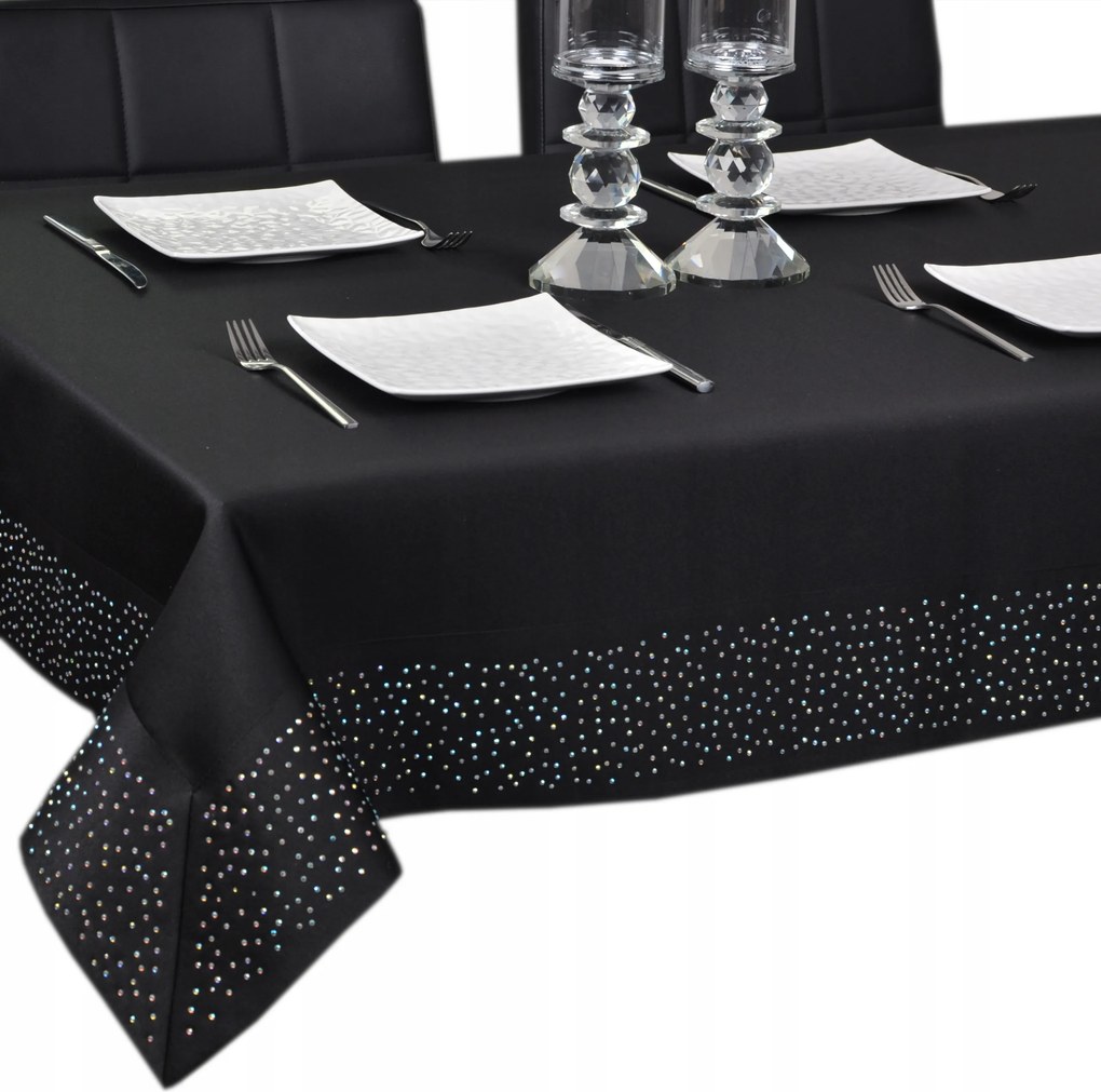 abrosz dekoratív asztalterítő 320x140 cm, fekete, cirkónia kövekkel