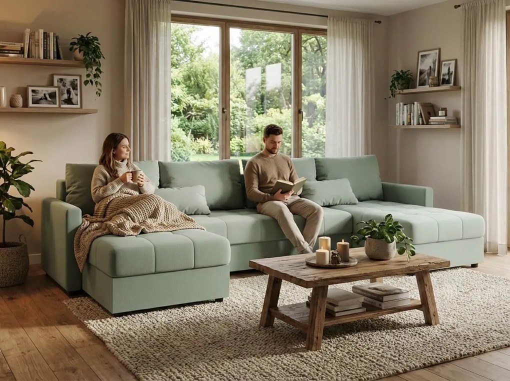 VENORIA U alakú kihúzható ülőgarnitúra, 285x146 cm, világoszöld + 2 párna INGYEN