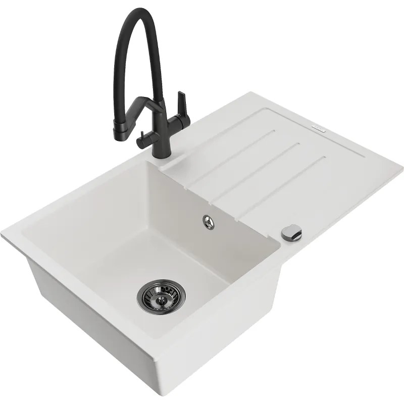 Mexen Bruno egymedencés gránit mosogató csepegtetővel és Duo konyhai csapteleppel, fehér - 6513-20-671701-70-B