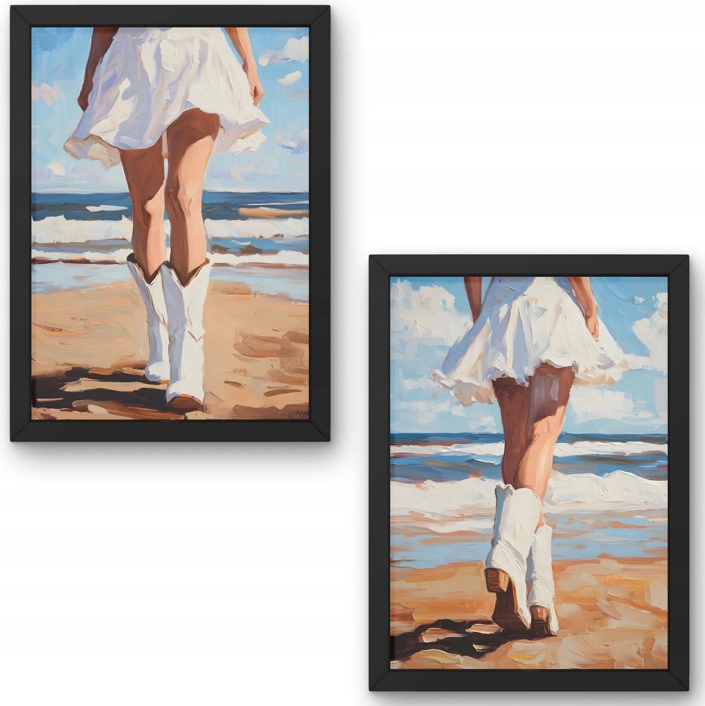 Két darabos poszter szett Nő a tengerparton Fehér cowboycsizma Fashion stílus 50x70 cm