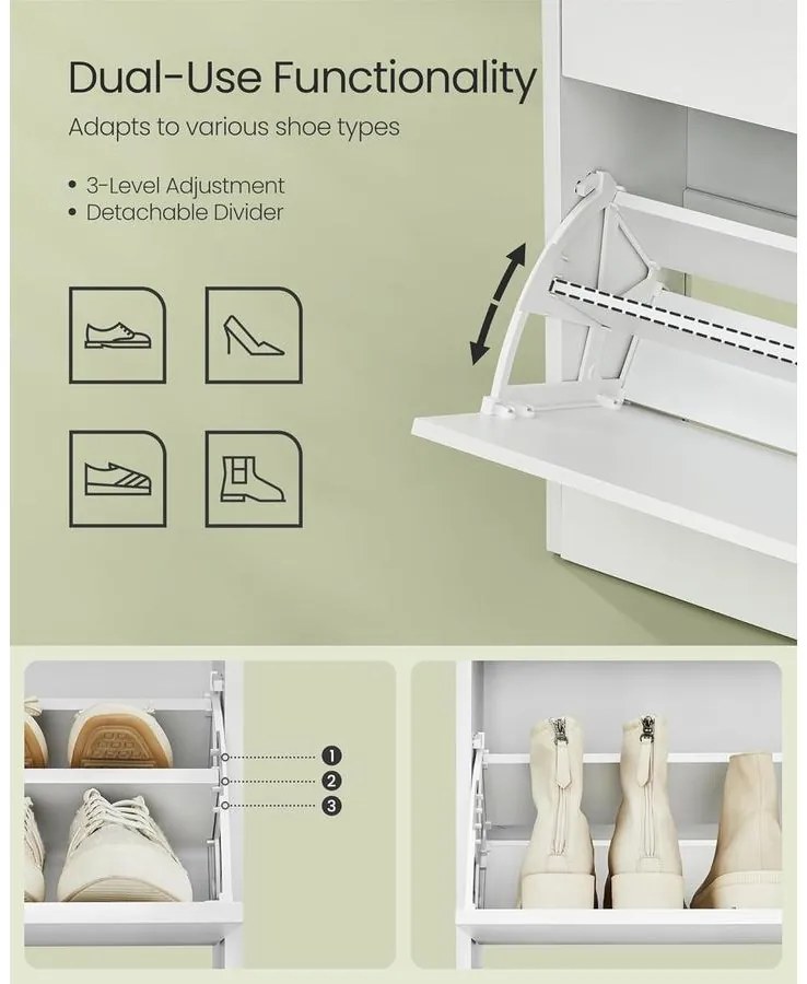 Cipősszekrény 2 billenőajtóval, 3 szintes cipőtartó, 24 x 80 x 102 cm, felhőfehér