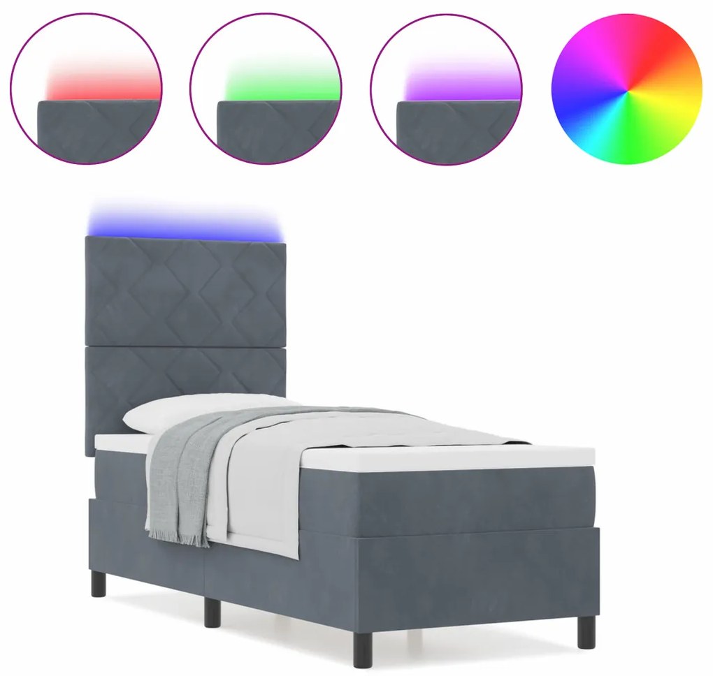 Boxspring Ágy Kárpittal és LED Világítással Sötétszürke 80x200 cm