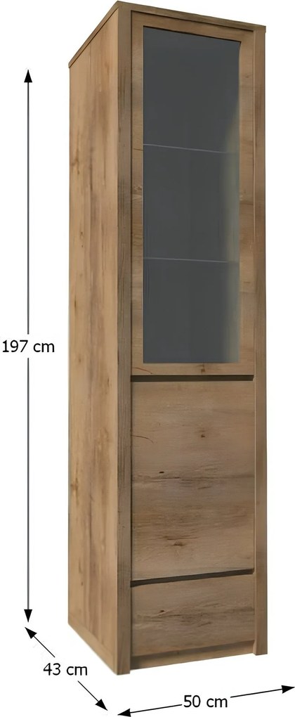 Vitrín szekrény 1- kihúzható fiókkal és osztot ajtóval-teljessen üvegezett, tölgyfa lefkas, MONTANA W1D