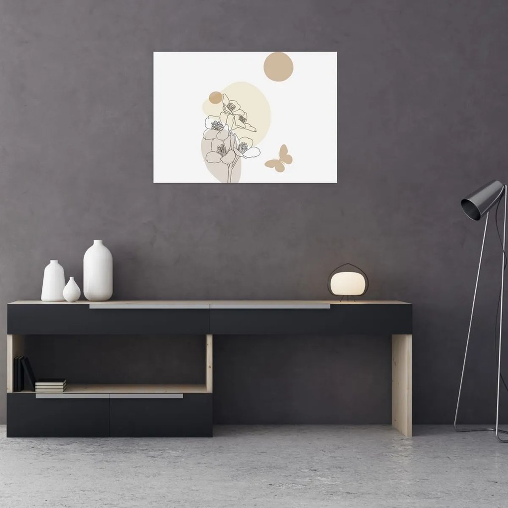 Üveg kép - Bézs virágok pillangóval N⁰4 (70x50 cm)