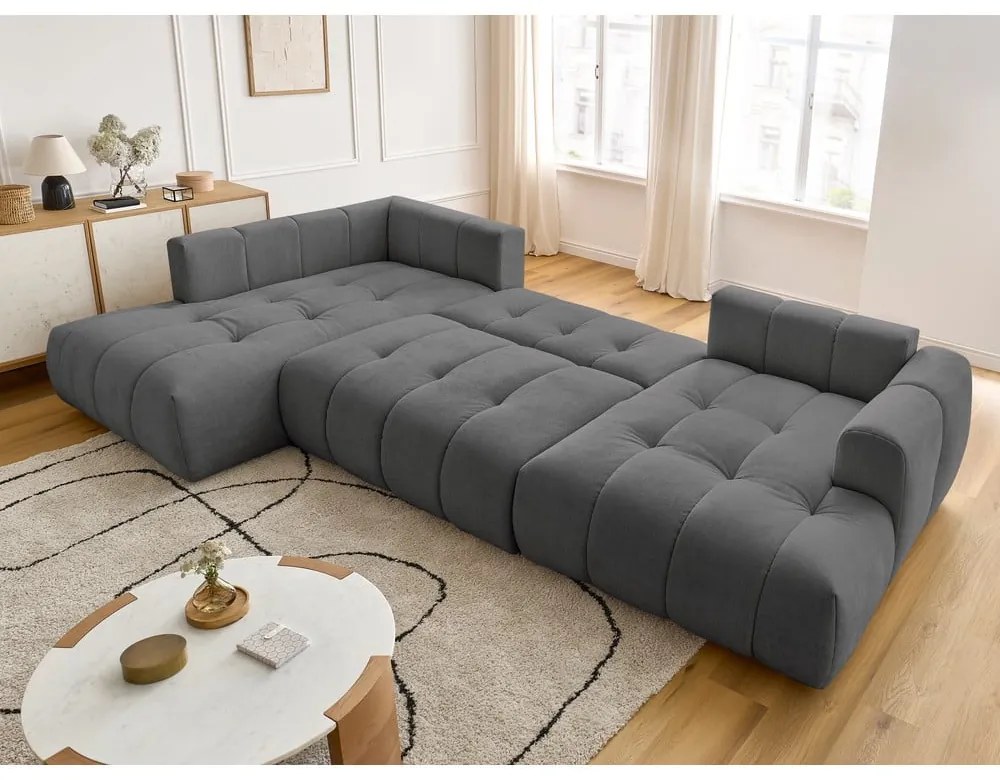 Sötétszürke kinyitható-tárolóhelyes sarokkanapé (bal oldali-U alakú) Fuji – Bobochic Paris