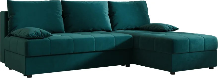 Kihúzható kétszemélyes L alakú ülőgarnitúra VENORIA SLIM 200x143 cm, petrolkék + 2 díszpárna INGYEN