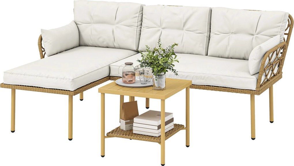 Outsunny 3 részes PE rattan kerti garnitúra — chaiselongue, 2 személyes kanapé és 2 szintes fém dohányzóasztal párnákkal, UV-álló, krém | Aosom
