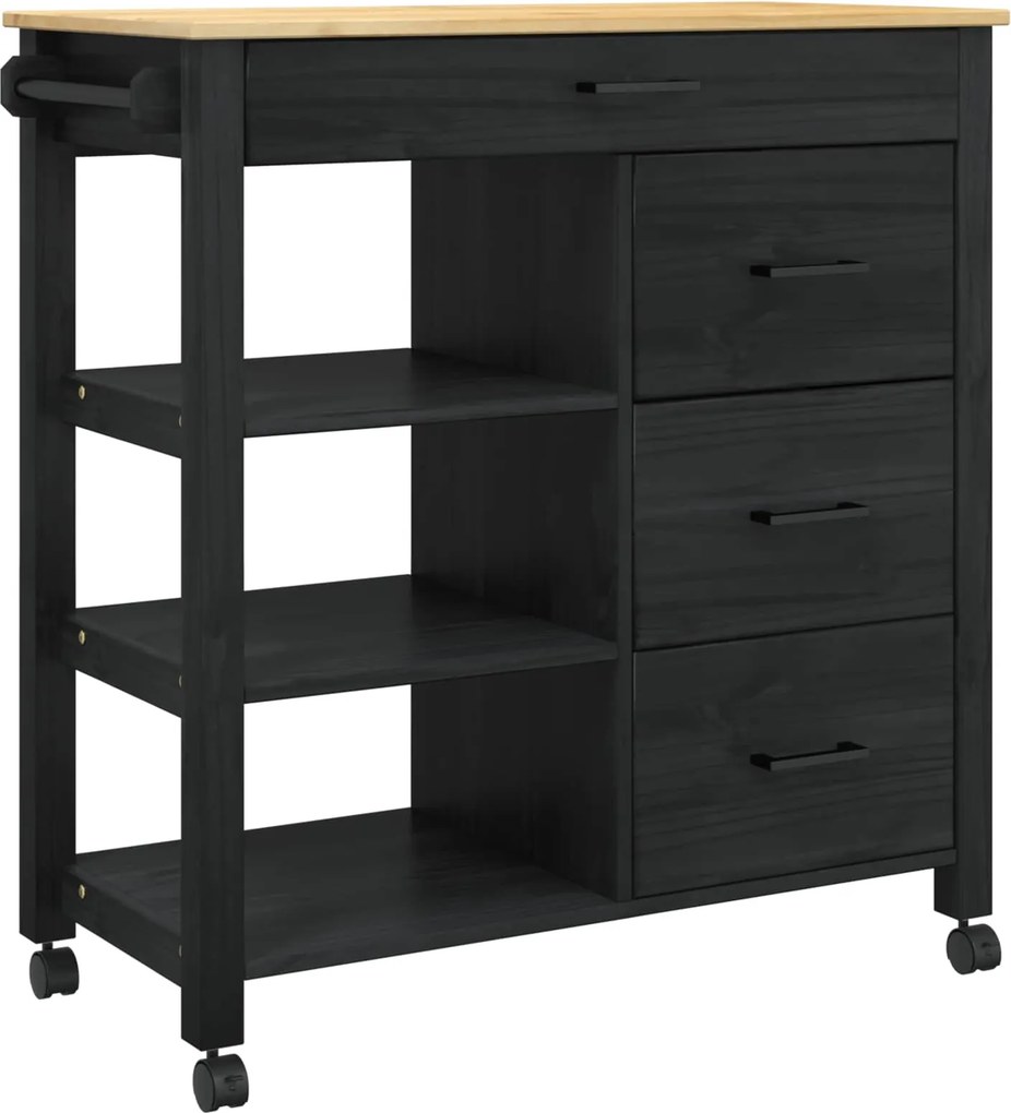 vidaXL Konyhai kocsi MONZA Fekete 84 x 40 x 88,5 cm Tömör fenyőfa