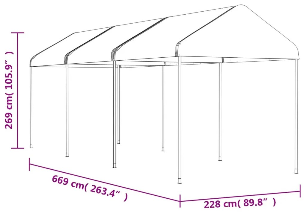 Fehér polietilén pavilon tetővel 6,69 x 2,28 x 2,69 m