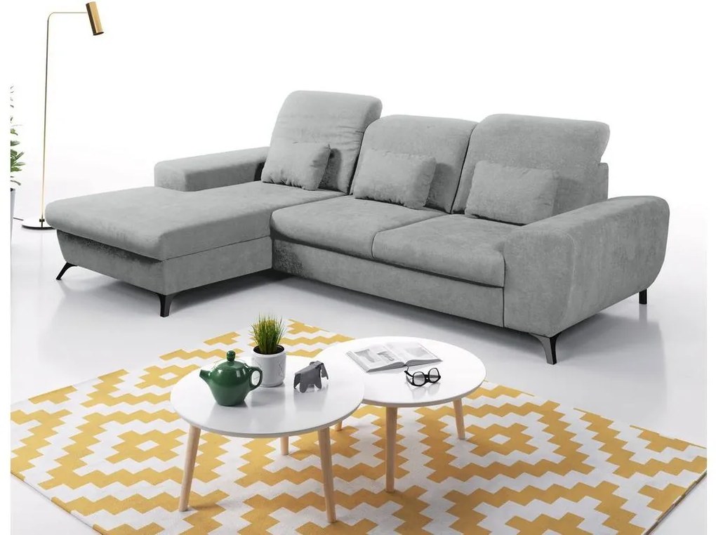 Kihúzható L alakú kárpitozott sarokkanapé ALTA, balos, szürke, tárolóval