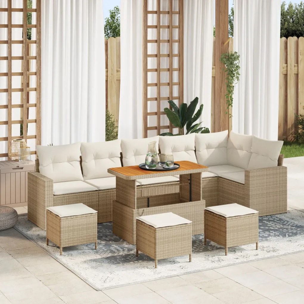 10 darabos Kerti kanapé szett párnákkal Bézs Poly Rattan Akáciával, 4 darabos Kerti Étkező Szett párnákkal Bézs Poly Rattan Akáciával