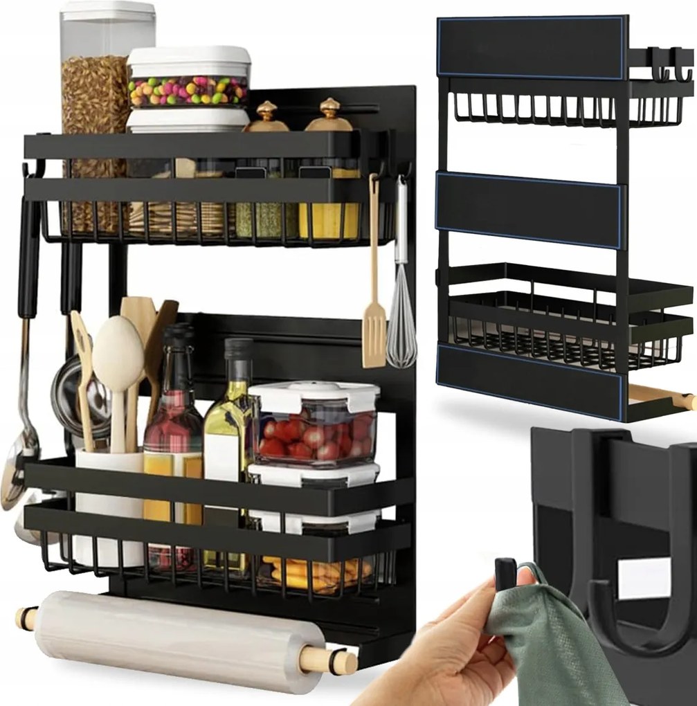 Mágneses Hűtőszekrény Polc Fekete Konyhai Rendszerező Fűszertartó Törölköző