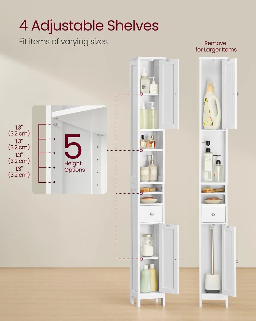 Magas fürdőszobai szekrény, keskeny, állítható polcokkal, modern, felhőfehér