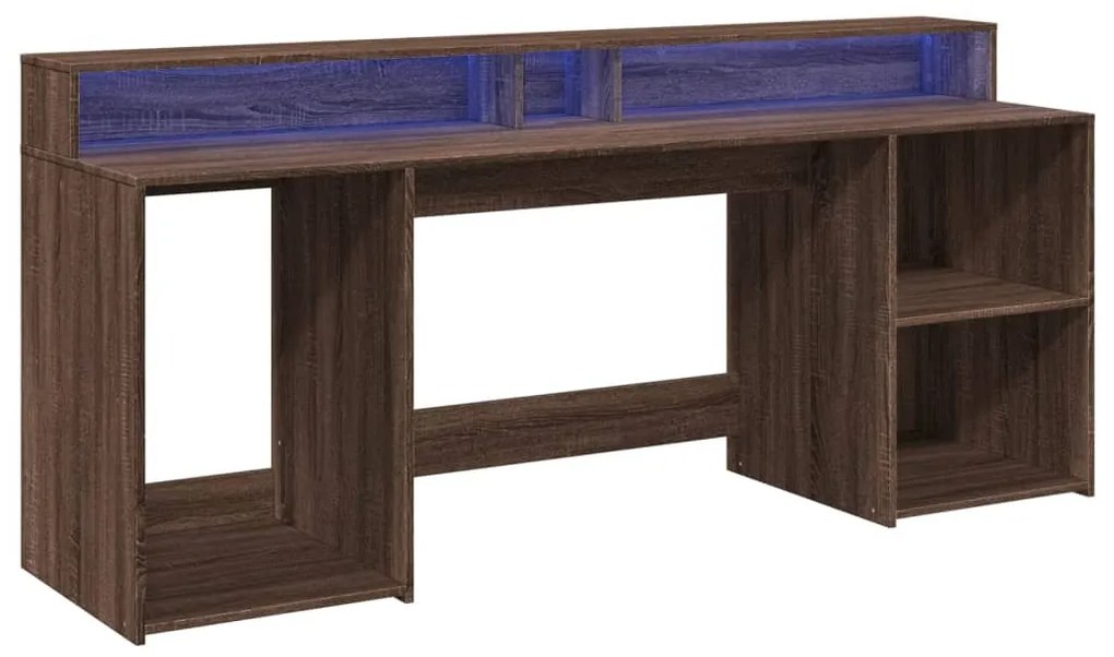 barna tölgy színű szerelt fa íróasztal LED-ekkel 200x55x91 cm
