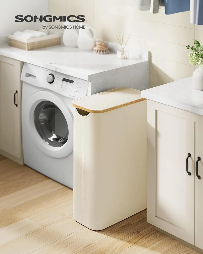 Keskeny szennyeskosár fedéllel, 65 L, krémfehér