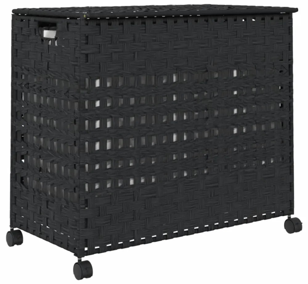 fekete rattan szennyeskosár kerekekkel 66x35x60 cm