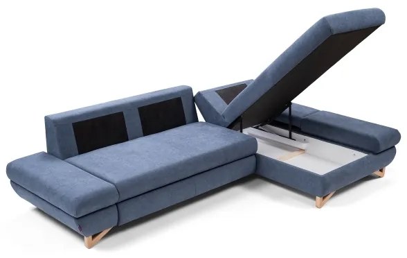 Ágyazható kárpitozott L-alakú sarok ülőgarnitúra tárolóhellyel AVESTA, jobbos, kék