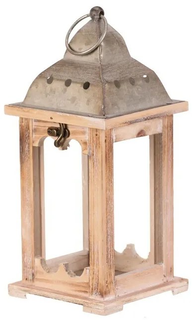 Fa lámpa fém tetővel, magasság 29 cm, természetesszínű