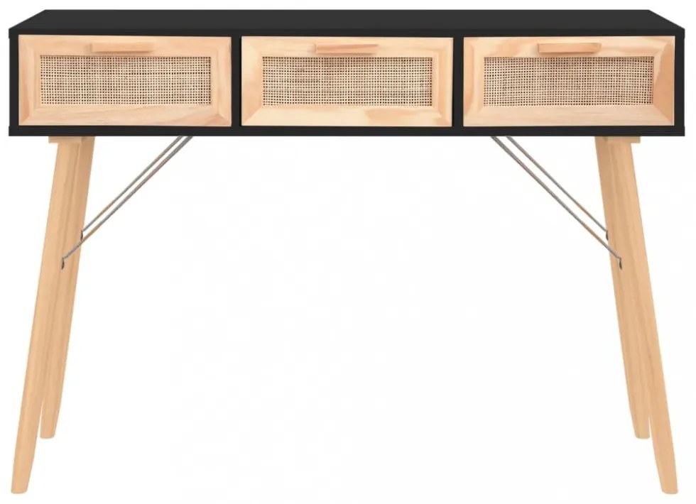 fekete tömör fenyő és természetes rattan kisasztal 105x30x75 cm