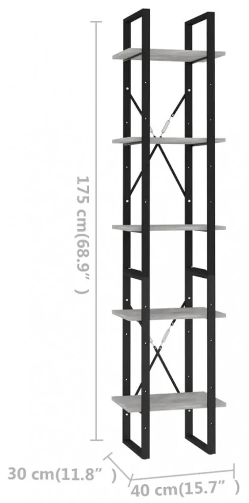 5 szintes betonszürke szerelt fa könyvszekrény 40 x 30 x 175 cm
