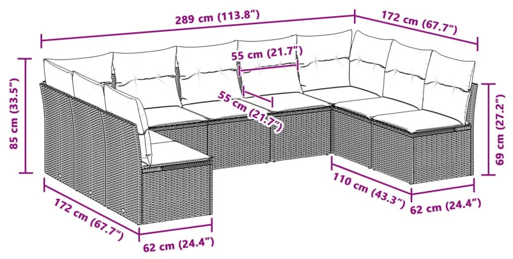 9 részes világosszürke polyrattan kerti ülőgarnitúra párnával
