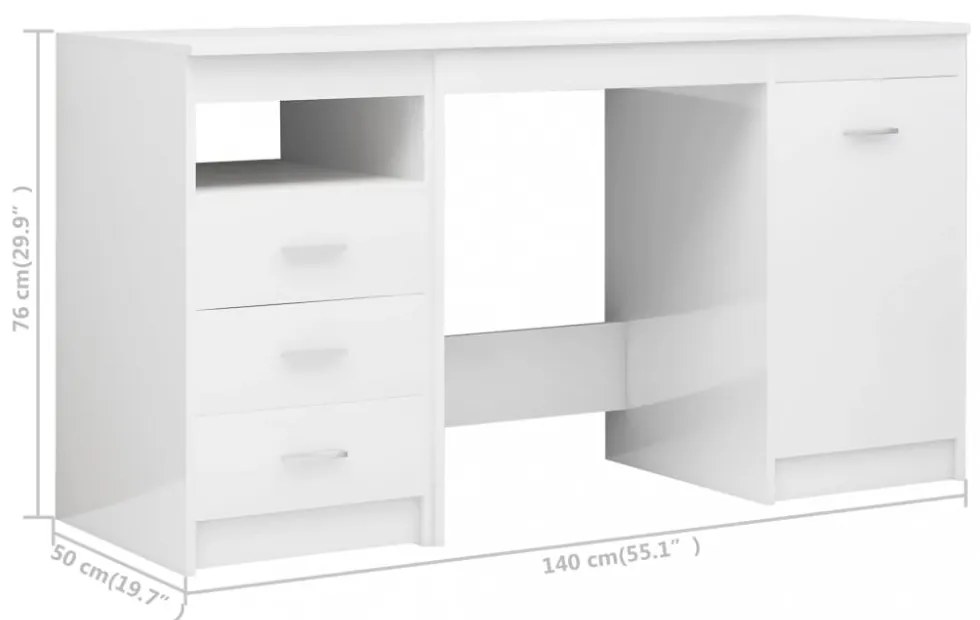 magasfényű fehér szerelt fa íróasztal 140 x 50 x 76 cm