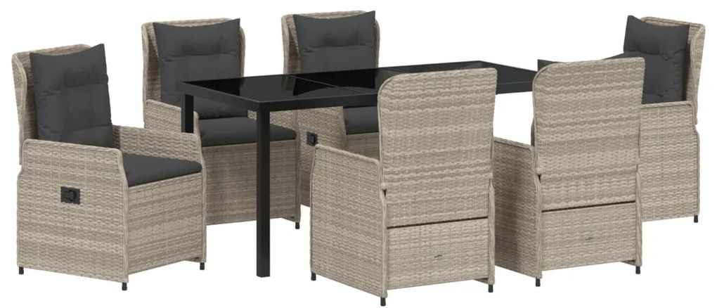 7 Darabos Kerti Étkező Szett Világosszürke Polirattan, Kerti Asztal Fekete 160x80x73 cm Edzett Üveg